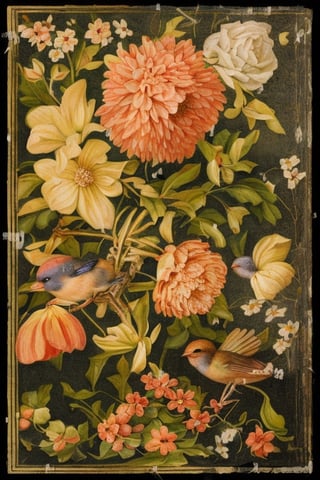 Birds in flowers, with small birds. Birds