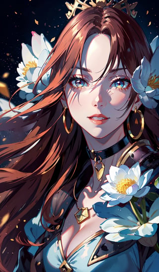 (masterpiece,high quality:1.4),(highres:1.2),1 young woman,(ultra detailed face),beautiful necklaces,smiling,energetic lotus flower,glowing chakra symbols,complex_background,complicated_bg ,detailed_background,full body,full shot,(large breast),looking at viewer,chromatic_background,(Ombre ringlet hairstyle),longhair,multicolored blonde hair,beautiful makeup,thick red lips,eyeliner,parted lips,walkure /(takt op./),dynamic pose,dynamic angle,unstrapped,glowing eyes,choker.