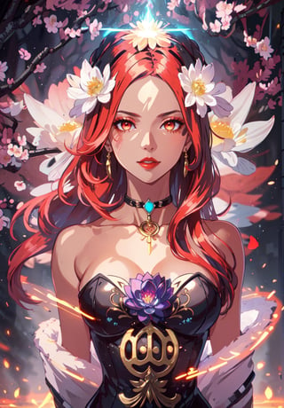 ((masterpiece,high quality:1.4)),(highres:1.2),1 young woman,(ultra detailed face:1.6),(large breast:1.2),(ultra detailed body:1.4),(full_body) full shot,logo hair ornament,fur,beautiful necklaces,plum blossoms,(glowing energy:1.4),lotus flower,magic,looking at viewer,beautiful background,multicolored hair,(longhairstyle,colorful_hair:1.2),seductive,beautiful makeup,thick red lips,eyeliner,parted lips,(dynamic pose),dynamic angle,unstrapped,glowing eyes,choker,guiltys.