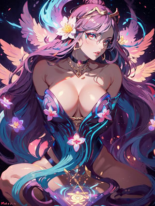 ((masterpiece,high quality:1.4)),(highres:1.2),1 young woman,(ultra detailed face:1.2),beautiful necklaces,energy,eevee tail,(glowing chakra symbols:1.2),complex_background,complicated_bg ,detailed_background,full body,full shot,(large breast),looking at viewer,chromatic_background,(Ombre ringlet hairstyle),longhair,multicolored hair,beautiful makeup,thick red lips,eyeliner,parted lips,walkure /(takt op./),dynamic pose,dynamic angle,unstrapped,glowing eyes,choker.