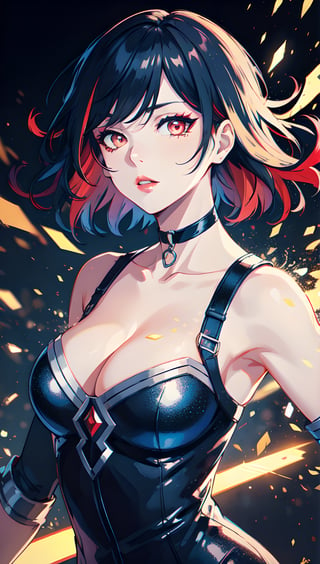 (masterpiece,high quality:1.4),(highres:1.2),1 young woman,ultra detailed face,complex_background,detaile,detailed_background,upper body,full shot,large breast,looking at viewer,chromatic_background,half up half down,longhair,multicolored hair,beautiful makeup,thick red lips,eyeliner,parted lips,walkure /(takt op./),dynamic pose,dynamic angle,unstrapped,glowing eyes,choker.