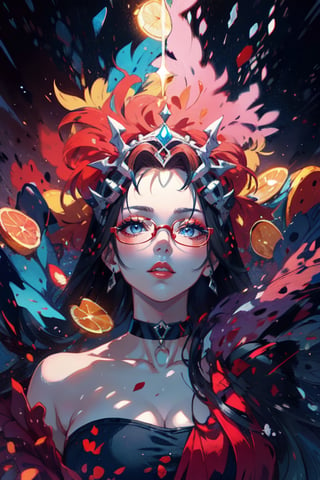 (masterpiece,high quality:1.4),(highres:1.2),1 young woman,ultra detailed face,complex_background,detaile,detailed_background,upper body,full shot,large breast,looking at viewer,chromatic_background,half up half down,longhair,multicolored hair,beautiful makeup,thick red lips,eyeliner,parted lips,walkure /(takt op./),dynamic pose,unstrapped, glasses,choker.