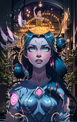 The best quality,superrealism,(ultra detailed face),(perfectly drawn body),((perfectly detailed glowing eyes:1.2)),dynamic pose,(natural pose),surreal and perfect digital illustration of a libra zodiac sign princess,majestic flowing multicolored hair,beautiful celestial princess,opalescent translucent iridescent dress, beautiful green eyes,edgy hair bun with big bow,elegant,sophisticated,retrofuturism, romantic academia aesthetic, drawing, surrealism, magic realism, pop surrealism, ethereal, visual delirium,full beauty, full_body,full shot,complex background,painting on canvas, detailed, intricate, cute, white lilac orange blue fuchsia colors, bright vivid gradient colors, by Mindy Sommers, by Jantina Peperkamp, by Olga Esther , by Veronica Minozzi, by Olga Shvartsur, by Gilbert Williams, masterpiece, award winning,perfectly detailed.,Oversized shirt
