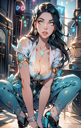 The best quality,superrealism,(ultra detailed face),(perfectly drawn body),((perfectly detailed glowing eyes:1.2)),dynamic pose,(natural pose),surreal and perfect digital illustration of a libra zodiac sign princess,majestic flowing black hair,beautiful celestial princess,opalescent translucent iridescent dress, beautiful green eyes,edgy hair bun with big bow,elegant,sophisticated,retrofuturism, romantic academia aesthetic, drawing, surrealism, magic realism, pop surrealism, ethereal, visual delirium,full beauty, full_body,full shot,painting on canvas, detailed, intricate, cute, white lilac orange blue fuchsia colors, bright vivid gradient colors, by Mindy Sommers, by Jantina Peperkamp, by Olga Esther , by Veronica Minozzi, by Olga Shvartsur, by Gilbert Williams, masterpiece, award winning,perfectly detailed.