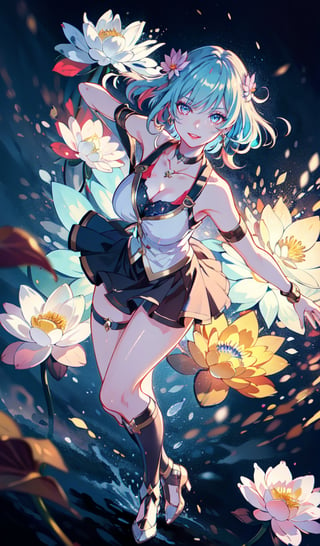 (masterpiece,high quality:1.4),(highres:1.2),1 young woman,(ultra detailed face),beautiful necklaces,smiling,glowing lotus flower,complex_background,complicated_bg ,detailed_background,full body,full shot,(large breast),looking at viewer,chromatic_background,(Ombre ringlet hairstyle),longhair,multicolored purplenhair,beautiful makeup,thick red lips,eyeliner,parted lips,walkure /(takt op./),dynamic pose,dynamic angle,unstrapped,glowing eyes,choker.