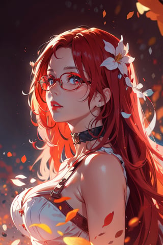 (masterpiece,high quality:1.4),(highres:1.2),1 young woman,ultra detailed face,complex_background,detaile,detailed_background,upper body,full shot,large breast,looking at viewer,chromatic_background,half up half down,longhair,multicolored hair,beautiful makeup,thick red lips,eyeliner,parted lips,walkure /(takt op./),dynamic pose,unstrapped, glasses,choker.