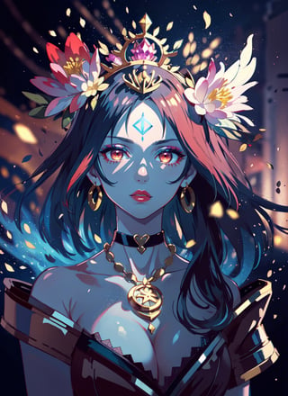 ((masterpiece,high quality:1.4)),(highres:1.2),1 young woman,lotus crown,(ultra detailed face:1.2),beautiful necklaces,energy plum blossoms,eevee tail,(glowing chakra symbols:1.2),magical background,complex_background,complicated_bg ,detailed_background,full shot,(large breast),looking at viewer,chromatic_background,(ponytail hairstyle),longhair,multicolored hair,beautiful makeup,thick red lips,eyeliner,parted lips,walkure /(takt op./),dynamic pose,dynamic angle,unstrapped,glowing eyes,choker.