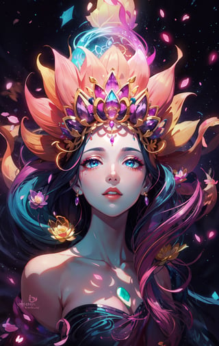 1 teen girl,solo,full body view, dynamic angle,looking at viewer,detailed background,(energy flowing:1.2),(energy lotus flower symbol)(glowing pink and blue particles),magical necklace,half up half down, shimmering long hair, purple amethyst accesories,multicolored hair, makeup , parted lips, red lips, eyeliner, ,walkure /(takt op./)