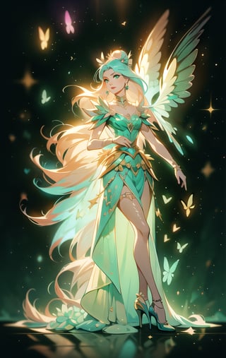 The best quality,superrealism,surreal portrait painting of a beautiful celestial princess,libra zodiac sign,majestic flowing hair,opalescent translucent iridescent dress, beautiful green eyes,edgy hair bun with big bow,elegant,sophisticated,retrofuturism, romantic academia aesthetic, drawing, surrealism, magic realism, pop surrealism, ethereal, visual delirium,full beauty, full_body,full shot,painting on canvas, detailed, intricate, cute, white lilac orange blue fuchsia colors, bright vivid gradient colors, by Mindy Sommers, by Jantina Peperkamp, by Olga Esther , by Veronica Minozzi, by Olga Shvartsur, by Gilbert Williams, masterpiece, award winning,perfectly detailed.