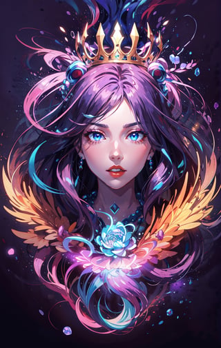 1 teen girl,solo,full body view, dynamic angle,looking at viewer,detailed background,(energy flowing:1.2),(energy lotus flower symbol)(glowing pink and blue particles),magical necklace,half up half down, shimmering long hair, purple amethyst accesories,multicolored hair, makeup , parted lips, red lips, eyeliner, ,walkure /(takt op./)