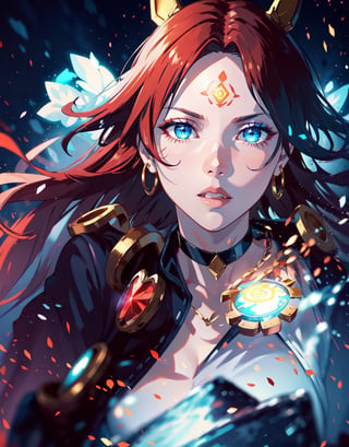 ((masterpiece,high quality:1.4)),(highres:1.2),1 young woman,(ultra detailed face:1.2),beautiful necklaces,energy,eevee tail,(glowing chakra symbols:1.2),complex_background,complicated_bg ,detailed_background,full body,full shot,(large breast),looking at viewer,chromatic_background,(Ombre ringlet hairstyle),longhair,multicolored hair,beautiful makeup,thick red lips,eyeliner,parted lips,walkure /(takt op./),dynamic pose,dynamic angle,unstrapped,glowing eyes,choker.