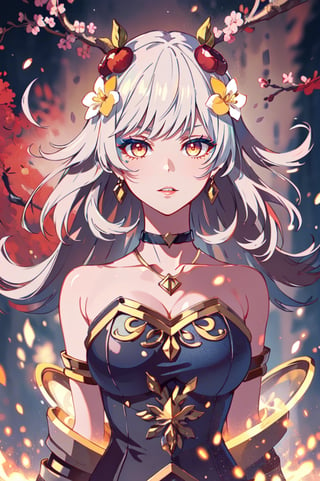 ((masterpiece,high quality:1.4)),(highres:1.2),1 young woman,(ultra detailed face:1.6),(large breast:1.2),(ultra detailed body:1.4),full_body ,logo hair ornament,fur,beautiful necklaces,plum blossoms,(glowing energy:1.4),magic,looking at viewer,beautiful background,(longhairstyle,colorful_hair:1.2),seductive,beautiful makeup,thick red lips,eyeliner,parted lips,walkure /(takt op./),dynamic pose,dynamic angle,unstrapped,glowing eyes,choker.