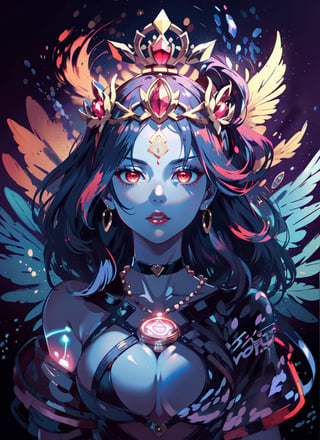 ((masterpiece,high quality:1.4)),(highres:1.2),1 young woman,lotus crown,(ultra detailed face:1.2),beautiful necklaces,energy,eevee tail,(glowing chakra symbols:1.2),complex_background,complicated_bg ,detailed_background,full body,full shot,(large breast),looking at viewer,chromatic_background,(ponytail hairstyle),longhair,multicolored hair,beautiful makeup,thick red lips,eyeliner,parted lips,walkure /(takt op./),dynamic pose,dynamic angle,unstrapped,glowing eyes,choker.