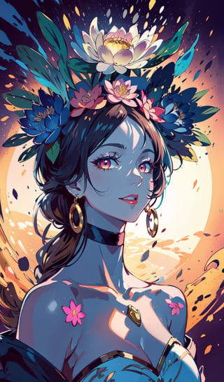 (masterpiece,high quality:1.4),(highres:1.2),1 young woman,(ultra detailed face),beautiful necklaces,smiling,glowing lotus flower,complex_background,complicated_bg ,detailed_background,full body,full shot,(large breast),looking at viewer,chromatic_background,(Ombre ringlet hairstyle),longhair,multicolored blonde hair,beautiful makeup,thick red lips,eyeliner,parted lips,walkure /(takt op./),dynamic pose,dynamic angle,unstrapped,glowing eyes,choker.