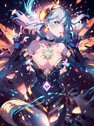 ((masterpiece,high quality:1.4)),(highres:1.2),1 young woman,normal arms,natural hands,(ultra detailed face:1.2),beautiful necklaces,energy,eevee tail,(glowing chakra symbols:1.2),complex_background,complicated_bg ,detailed_background,full body,full shot,(large breast),looking at viewer,chromatic_background,(Ombre ringlet hairstyle),longhair,multicolored hair,beautiful makeup,thick red lips,eyeliner,parted lips,walkure /(takt op./),dynamic pose,dynamic angle,unstrapped,glowing eyes,choker.