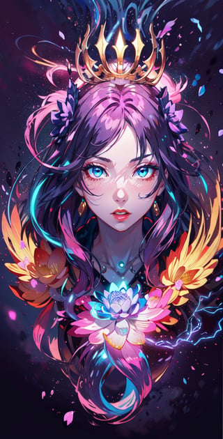 1 teen girl,solo,full body view, dynamic angle,looking at viewer,detailed background,(energy flowing:1.4),(brighter SL symbol:1.2)(energy glowing lotus flower symbol:1.2)(glowing pink and blue particles),magical necklace,half up half down, shimmering long hair, purple amethyst accesories,multicolored hair, makeup , parted lips, red lips, eyeliner, ,walkure /(takt op./)