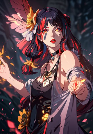 ((masterpiece,high quality:1.4)),(highres:1.2),1 young woman,(ultra detailed face:1.6),(large breast:1.2),(ultra detailed body:1.4),(full_body) full shot,logo hair ornament,fur,beautiful necklaces,plum blossoms,(glowing energy:1.4),lotus flower,magic,looking at viewer,beautiful background,(multicolored hair:1.2,(longhairstyle,colorful_hair:1.4),seductive,beautiful makeup,thick red lips,eyeliner,parted lips,(dynamic pose),dynamic angle,unstrapped,glowing eyes,choker,guiltys.