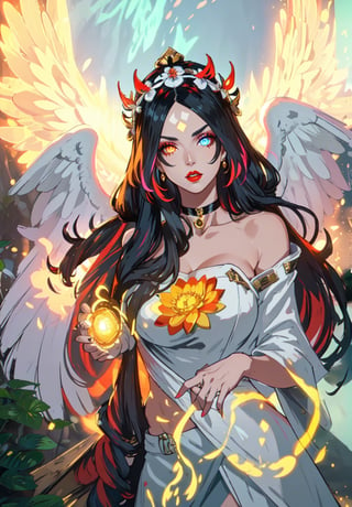 ((masterpiece,high quality:1.4)),(highres:1.2),1 young woman,(ultra detailed face:1.6),(large breast:1.2),(ultra detailed body:1.4),(full_body) full shot,logo hair ornament,fur,beautiful necklaces,plum blossoms,(glowing energy:1.4),lotus flower crown,magic,looking at viewer,beautiful background,(multicolored hair:1.2,(longhairstyle,colorful_hair:1.4),seductive,beautiful makeup,thick red lips,eyeliner,parted lips,(dynamic pose),dynamic angle,unstrapped,glowing eyes,choker,guiltys.