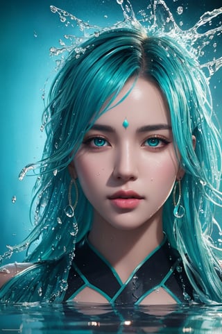 a half body portrait of a woman as made of water, half body submerged in water, at a lake, turquoise hair depicting as waterfall, wet, drops of water on the face and body, natural body posture, rain, Art by Alberto Seveso, symmetrical, abstract artstyle, intricate complex watercolor painting, sharp eyes, digital painting, color explosion, concept art, voluminetric lighting,TanvirTamim, metallic reflections, 2d render, 8k. by artgerm, full_body, trending on artstation