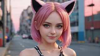 closeup, anime girl, happy face, pink hair, cat ears, city street background, sunset

(detalles muy complejos:1.1), (mejor calidad:1.1) (8K, UHD:1.1 ),ultra 8k,((ultra detailed, masterpiece, absurdres)),((ultra detailed, masterpiece, absurdres)),bad art, low quality, bad anatomy, deformed, disfigured,