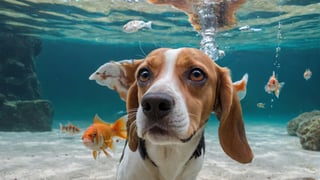 one long eared dog, beagle, making goofy faces under water, lie the wind is blowing in his open mouth bubbles wide. an annoyed goldfish swims by

(detalles muy complejos:1.1), (mejor calidad:1.1) (8K, UHD:1.1 ),ultra 8k,((ultra detailed, masterpiece, absurdres)),((ultra detailed, masterpiece, absurdres)),bad art, low quality, bad anatomy, deformed, disfigured,