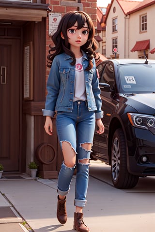 masterpiece, high quality, best quality, 1 girl, 14 years old, black hair, long hair with curly ends, black eyes, full body, fat, dark blue jacket, black jeans