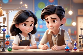 Disney Pixar little dark hair Girl and blond hair boy learning together physics in a lab, disney stylem, bokeh effect, 3d render, high quality, masterpiece, detailed face, detailed hair, detailed eyes,3d toon style, high detailed skin, detailed hands, Disney Pixar style