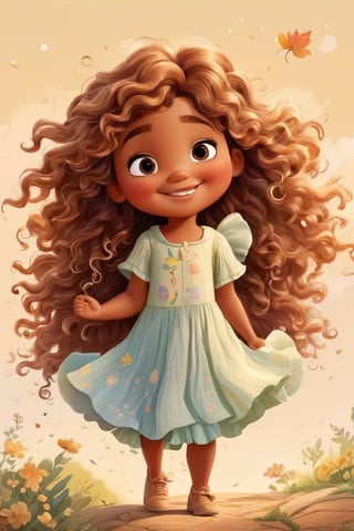 full body, whole body, CHUBBY, Vintage watercolor , beautiful kid with curly long hair, dark tan skin tone,  happy face, head up, wind in hair, arms raised, a simple minimal art with soft colors, using Boho style, tale of fairy, realistic and detailed hair, not laminated, Disney movie close-up of a cartoon character, cute detailed digital art, digital painting, girl portrait, high quality 8k detailed art, loish and wlop, winx cartoon style , cartoon digital painting art, cute digital art, detailed digital painting, 3D, Smiling, Nature