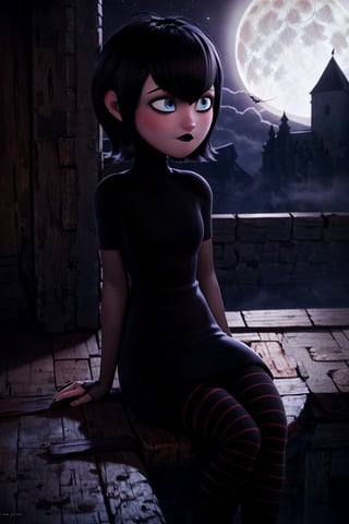 mevis, 1 girl, alone, short hair, sad, black hair, individual focus, blue eyes, makeup, lipstick, black lips, MAVIS DRACULA, short black dress, black tights with red stripes, outside, night, dark sky, full moon, fog, castle roof, sitting,mavis dracula