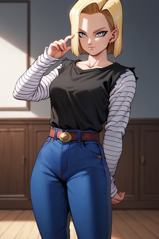 score_9,score_8_up,score_7_up,score_9,score_8_up,score_8, ultra detailed, beautiful face, high resolution BREAK, Android18SDXL, 1 girl, solo, short hair, blue eyes, blonde hair, shirt, long sleeves, purple sleeves, jewelry, earrings, pants, black shirt, denim, jeans, android 18, room, room background, looking at viewer,