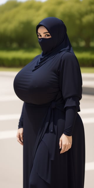 masterpiece, 1 girl, alone, mature woman, milf, 49 years old, brown eyes, (long black dress), slim dress, long sleeves, (black hijab), covered mouth, covered forehead, (wide hips: 1.1), narrow waist, voluptuous , curvy, (giant breasts: 1.1), giant hips, wide hips, thick thighs, (huge thighs: 1.3),venusbody,hijab,veil