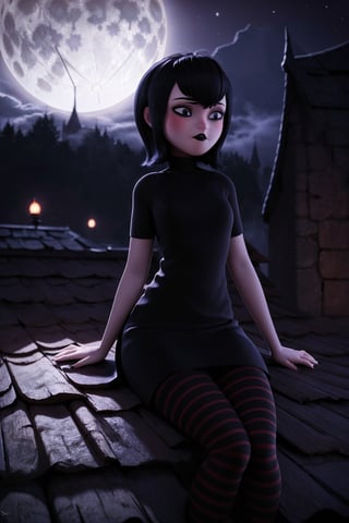 mevis, 1 girl, short hair, sad, black hair, individual focus, black eyes, makeup, lipstick, black lips, MAVIS DRACULA, short black dress, black tights with red stripes, outside, night, dark sky, full moon, fog, castle roof, sitting, (wide hips: 1.1), narrow waist, thick thighs