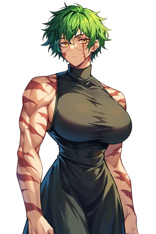score_9,score_8_up,score_7_up,score_6_up, maki zenin, 1 girl, alone, glasses, scar, (giant breasts: 1.3), strong, muscular, narrow waist, round glasses, short hair, messy hair, green hair, yellow eyes, body tall, long dress, black turtleneck dress, sleeveless, white background,