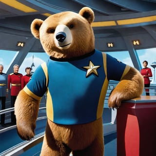 human sized cartoon bear cartoon animal wearing a star trek uniform on the bridge of the enterprise