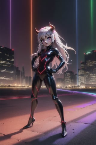 (masterpiece), best quality, expressive eyes, perfect face, (small brests), white hair, ((((blue and red eye)))), ((full body)), black and blue Dragon horns, (((((shadow outfit))))), (((battle shadow outfit))), small body, long hair, ((kid body)), (1 girl), (((futuristic city background))), (sexual pose), ((((rainbow lights details on the outfit)))), ((green details)), ((yellow details)), shadow, black silhouette, shadow of,aura of shadows, ((Blue details)), ((red details)), ((black armored shadow outfit))