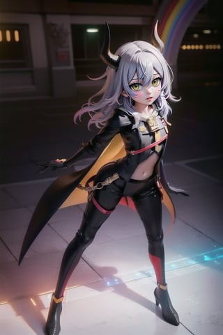 (masterpiece), best quality, expressive eyes, perfect face, (small brests), white hair, ((((blue and red eye)))), ((full body)), black and blue Dragon horns, (((((shadow outfit))))), (((shadow outfit))), small body, long hair, ((kid body)), (1 girl), (((futuristic city background))), (sexual pose), ((((rainbow lights details on the outfit)))), ((green details)), ((yellow details)), shadow, black silhouette, shadow of,aura of shadows, ((Blue details)), ((red details)), ((black armored shadow outfit))