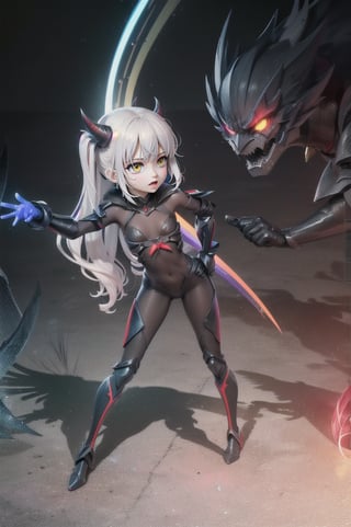 (masterpiece), best quality, expressive eyes, perfect face, (small brests), white hair, ((((blue and red eye)))), ((full body)), black and blue Dragon horns, (((((shadow outfit))))), (((battle shadow outfit))), small body, long hair, ((kid body)), (1 girl), (((futuristic city background))), (sexual pose), ((((rainbow lights details on the outfit)))), ((green details)), ((yellow details)), shadow, black silhouette, shadow of,aura of shadows, ((Blue details)), ((red details)), ((black armored shadow outfit))