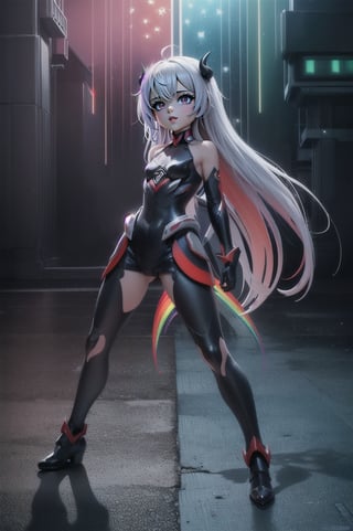 (masterpiece), best quality, expressive eyes, perfect face, (small brests), white hair, ((((blue and red eye)))), ((full body)), black and blue Dragon horns, (((((shadow outfit))))), (((battle shadow outfit))), small body, long hair, ((kid body)), (1 girl), (((futuristic city background))), (sexual pose), ((((rainbow lights details on the outfit)))), ((green details)), ((yellow details)), shadow, black silhouette, shadow of,aura of shadows, ((Blue details)), ((red details)), ((black armored shadow outfit))