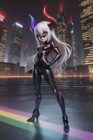 (masterpiece), best quality, expressive eyes, perfect face, (small brests), white hair, ((((blue and red eye)))), ((full body)), black and blue Dragon horns, (((((shadow outfit))))), (((battle shadow outfit))), small body, long hair, ((kid body)), (1 girl), (((futuristic city background))), (sexual pose), ((((rainbow lights details on the outfit)))), ((green details)), ((yellow details)), shadow, black silhouette, shadow of,aura of shadows, ((Blue details)), ((red details)), ((black armored shadow outfit))