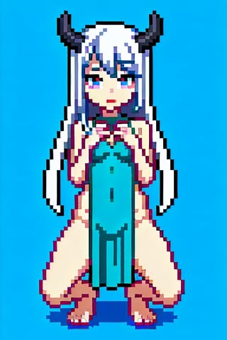 (masterpiece), best quality, expressive eyes, perfect face,(small brests), white hair, ((blue left eye)), (red right eye), full body,dragon horns, ((very revealing outfit)),((erotic outfit)), small body, long hair, (((kid body))),(1 girl), futuristic city background, ((sexual pose)) ,too young girl,(((baby body))),Pixel art