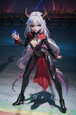 (masterpiece), best quality, expressive eyes, perfect face, (small brests), white hair, ((((blue and red eye)))), ((full body)), black and blue Dragon horns, (((((shadow outfit))))), (((battle shadow outfit))), small body, long hair, ((kid body)), (1 girl), (((futuristic city background))), (sexual pose), ((((rainbow lights details on the outfit)))), ((green details)), ((yellow details)), shadow, black silhouette, shadow of,aura of shadows, ((Blue details)), ((red details)), ((black armored shadow outfit))