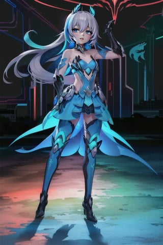 (masterpiece), best quality, expressive eyes, perfect face, (small brests), white hair, ((((blue and red eye)))), ((full body)), black and blue Dragon horns, (((((shadow outfit))))), (((battle shadow outfit))), small body, long hair, ((kid body)), (1 girl), (((futuristic city background))), (sexual pose), ((((rainbow lights details on the outfit)))), ((green details)), ((yellow details)), shadow, black silhouette, shadow of,aura of shadows, ((Blue details)), ((red details)), ((black armored shadow outfit))