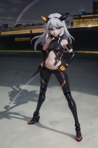 (masterpiece), best quality, expressive eyes, perfect face, (small brests), white hair, ((((blue and red eye)))), ((full body)), black and blue Dragon horns, (((((shadow outfit))))), (((battle shadow outfit))), small body, long hair, ((kid body)), (1 girl), (((futuristic city background))), (sexual pose), ((((rainbow lights details on the outfit)))), ((green details)), ((yellow details)), shadow, black silhouette, shadow of,aura of shadows, ((Blue details)), ((red details)), ((black armored shadow outfit))