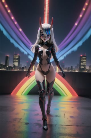 (masterpiece), best quality, expressive eyes, perfect face, (small brests), white hair, ((((blue and red eye)))), ((full body)), black and blue Dragon horns, (((((shadow outfit))))), (((battle shadow outfit))), small body, long hair, ((kid body)), (1 girl), (((futuristic city background))), (sexual pose), ((((rainbow lights details on the outfit)))), ((green details)), ((yellow details)), shadow, black silhouette, shadow of,aura of shadows, ((Blue details)), ((red details)), ((black armored shadow outfit))