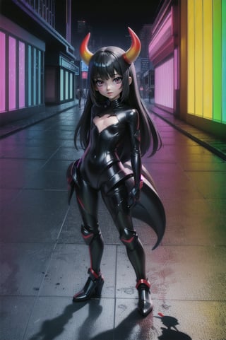 (masterpiece), best quality, expressive eyes, perfect face, (small brests), white hair, ((((blue and red eye)))), ((full body)), black and blue Dragon horns, (((((shadow outfit))))), (((battle shadow outfit))), small body, long hair, ((kid body)), (1 girl), (((futuristic city background))), (sexual pose), ((((rainbow lights details on the outfit)))), ((green details)), ((yellow details)), shadow, black silhouette, shadow of,aura of shadows, ((Blue details)), ((red details)), ((black armored shadow outfit))