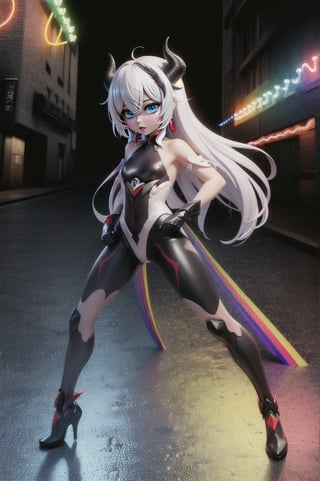 (masterpiece), best quality, expressive eyes, perfect face, (small brests), white hair, ((((blue and red eye)))), ((full body)), black and blue Dragon horns, (((((shadow outfit))))), (((battle shadow outfit))), small body, long hair, ((kid body)), (1 girl), (((futuristic city background))), (sexual pose), ((((rainbow lights details on the outfit)))), ((green details)), ((yellow details)), shadow, black silhouette, shadow of,aura of shadows, ((Blue details)), ((red details)), ((black armored shadow outfit))