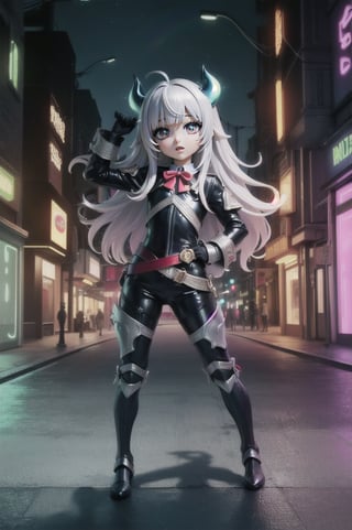 (masterpiece), best quality, expressive eyes, perfect face, (small brests), white hair, ((((blue and red eye)))), ((full body)), black and blue Dragon horns, (((((shadow outfit))))), (((shadow outfit))), small body, long hair, ((kid body)), (1 girl), (((futuristic city background))), (sexual pose), ((((rainbow lights details on the outfit)))), ((green details)), ((yellow details)), shadow, black silhouette, shadow of,aura of shadows, ((Blue details)), ((red details)), ((black armored shadow outfit))