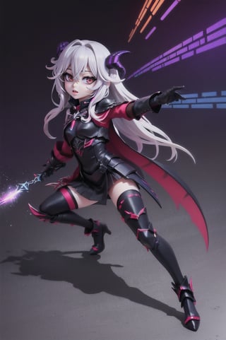 (masterpiece), best quality, expressive eyes, perfect face, (small brests), white hair, ((((blue and red eye)))), ((full body)), black and blue Dragon horns, (((((shadow outfit))))), (((battle shadow outfit))), small body, long hair, ((kid body)), (1 girl), (((futuristic city background))), (sexual pose), ((((rainbow lights details on the outfit)))), ((green details)), ((yellow details)), shadow, black silhouette, shadow of,aura of shadows, ((Blue details)), ((red details)), ((black armored shadow outfit))