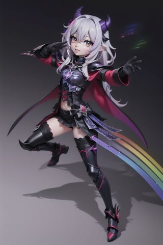 (masterpiece), best quality, expressive eyes, perfect face, (small brests), white hair, ((((blue and red eye)))), ((full body)), black and blue Dragon horns, (((((shadow outfit))))), (((battle shadow outfit))), small body, long hair, ((kid body)), (1 girl), (((futuristic city background))), (sexual pose), ((((rainbow lights details on the outfit)))), ((green details)), ((yellow details)), shadow, black silhouette, shadow of,aura of shadows, ((Blue details)), ((red details)), ((black armored shadow outfit))