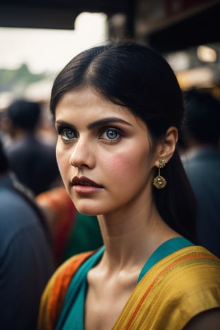 angle portrait of Alexandra Daddario on the streets of Bangladesh, Bangladesh street food in background, tanned skin, (perfect facial character), front face portrait, charismatic, attractive, wearing green and yellow indian traditional dress, (in low crowd:1.3), grainy photograph, (upper body portrait:1.2), evenly lit, dramatic lighting, (cinematic color grade:1.5), (teal and orange color grade:1.2), (photorealistic:1.3), shot with Fujifilm X-T3, 35mm f/2, ultra detailed, realistic perfect face, (realistic skin texture), perfect face, perfet hands, perfect fingers, perfect eyes, (film look), (cinematic look), (arshadArt)